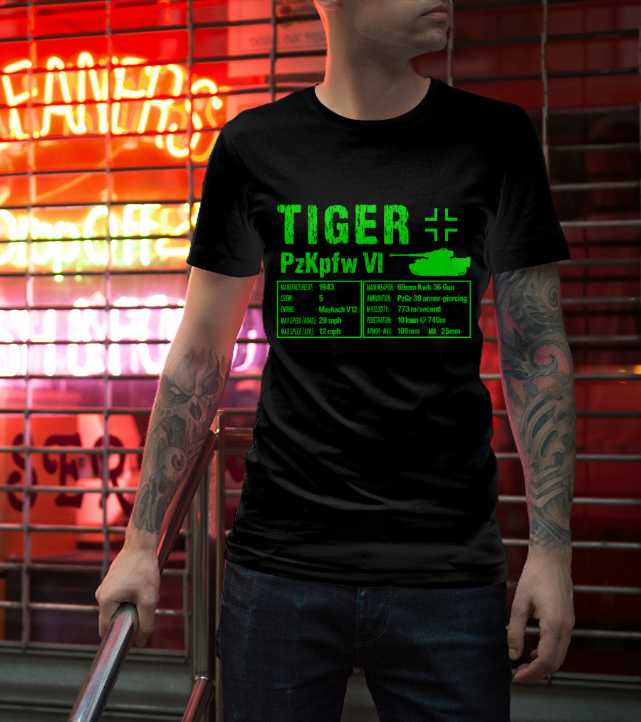Tiger PzKpfw VI 1943 German Heavy Tank Specs With 88mm KwK 36 Gun T-Shirt