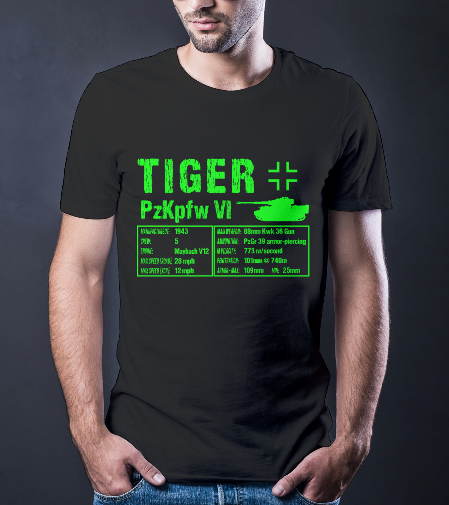Tiger PzKpfw VI 1943 German Heavy Tank Specs With 88mm KwK 36 Gun T-Shirt