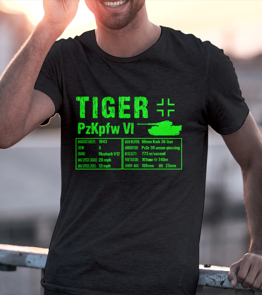 Tiger PzKpfw VI 1943 German Heavy Tank Specs With 88mm KwK 36 Gun T-Shirt