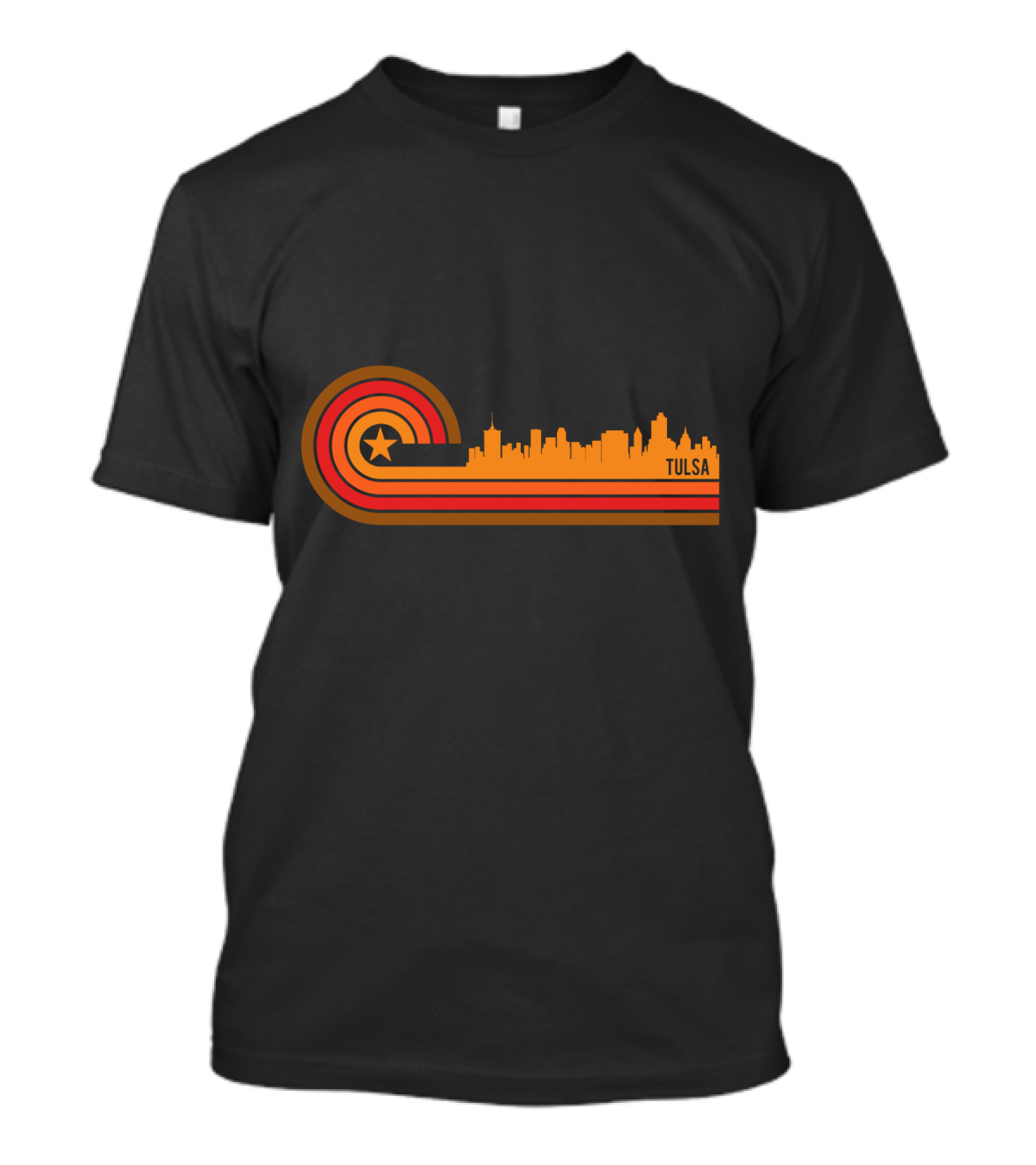 Retro Tulsa OK Skyline With Star And Sunset Stripes T-Shirt