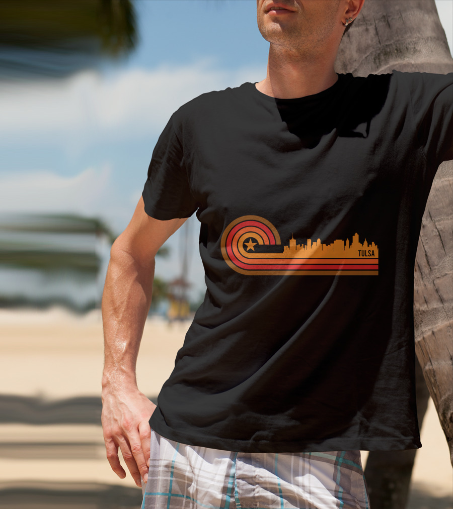 Retro Tulsa OK Skyline With Star And Sunset Stripes T-Shirt