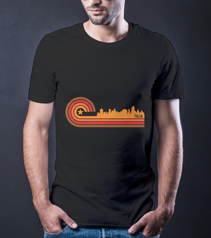 Retro Tulsa OK Skyline With Star And Sunset Stripes T-Shirt