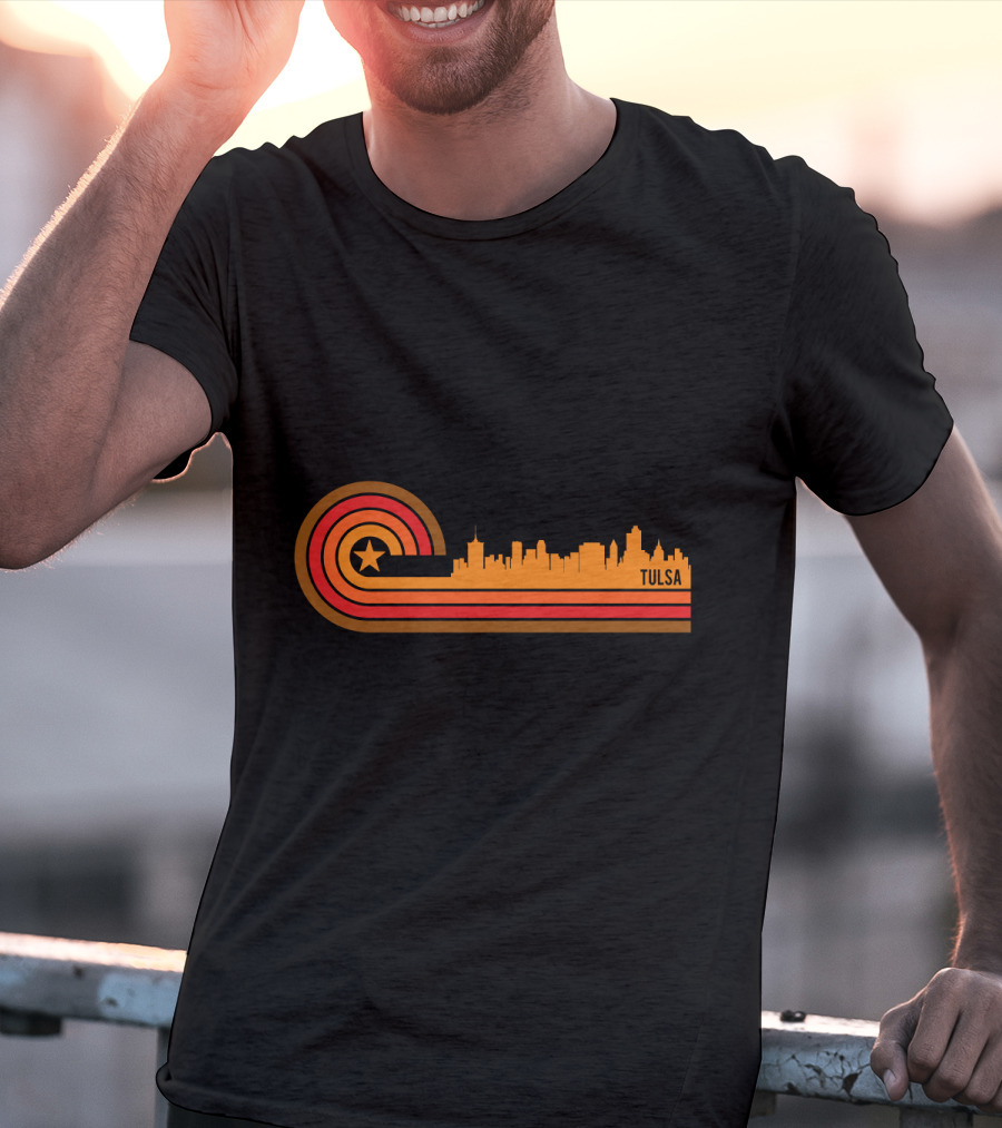 Retro Tulsa OK Skyline With Star And Sunset Stripes T-Shirt