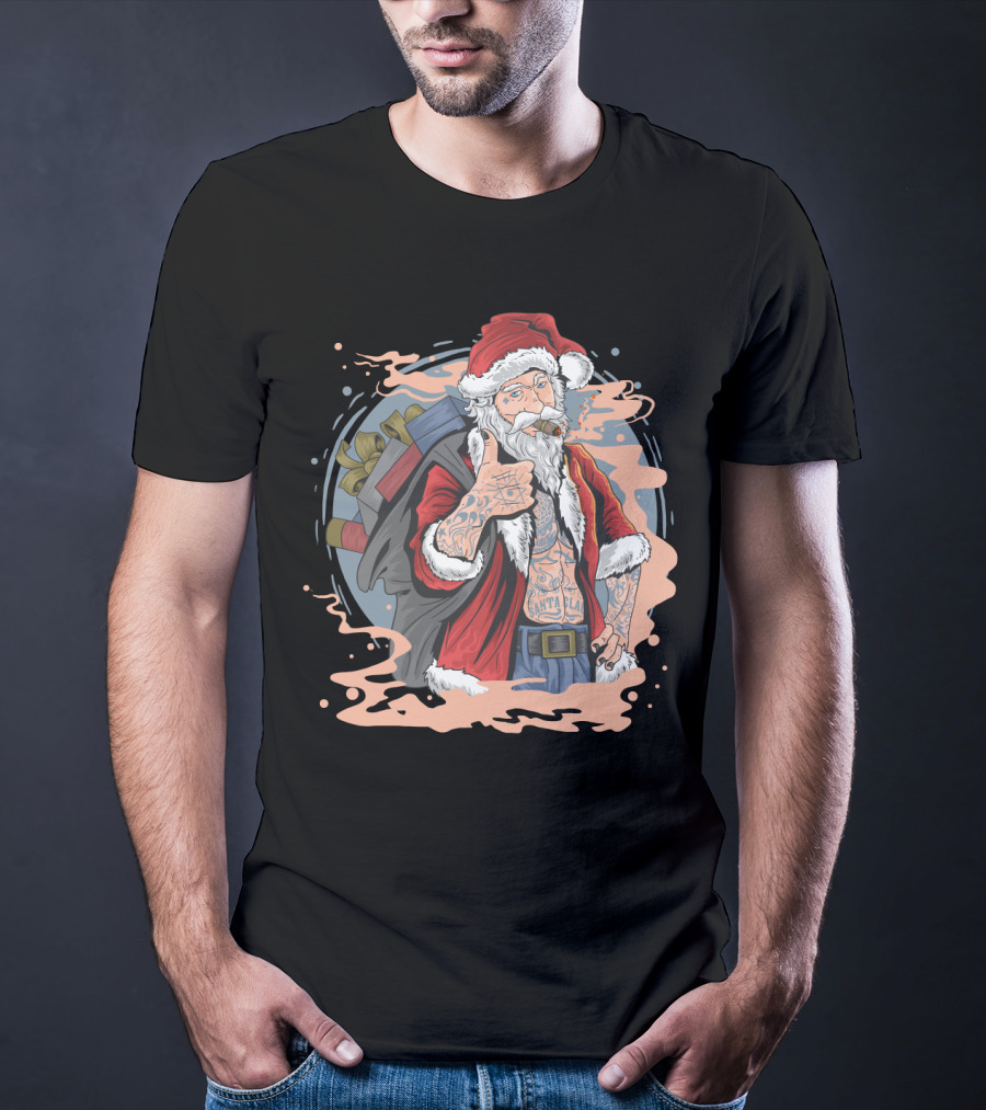 Christmas Santa Claus Smoking Tattooed Holiday Thumbs Up T-Shirt