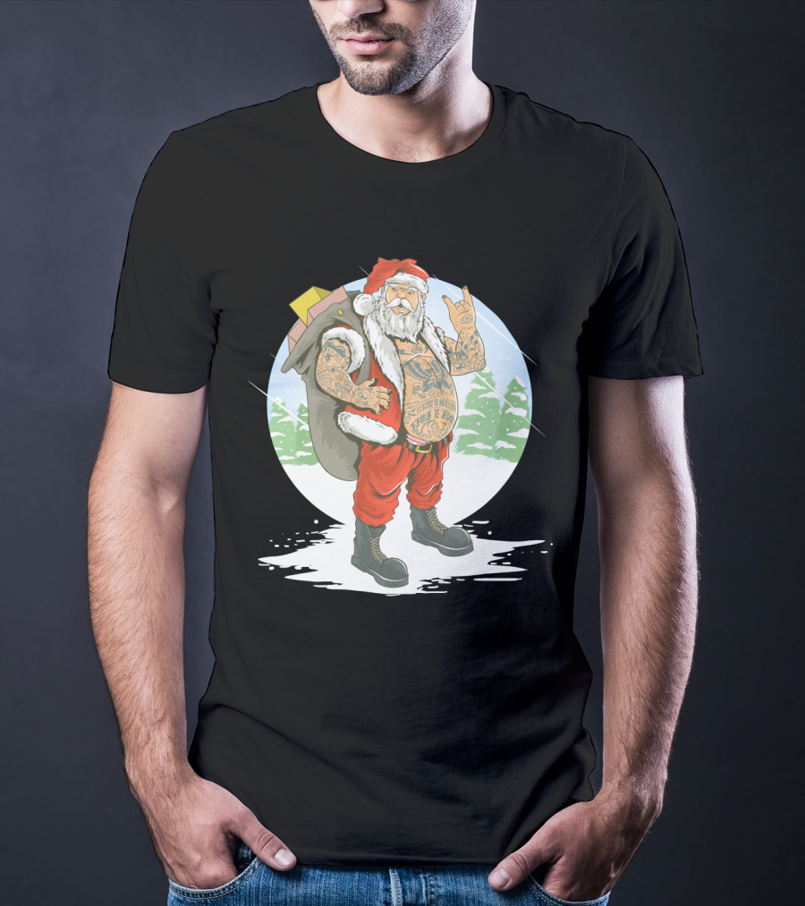 Christmas Santa Claus With Full Body Tattoo And Rock Hand Gesture T-Shirt