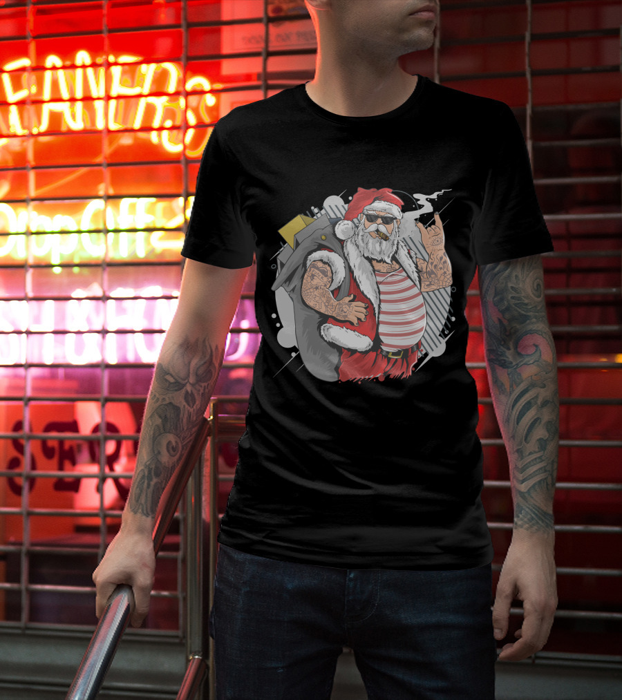 Santa Claus Merry Christmas Tattoo Rock Hand Illustrated T-Shirt