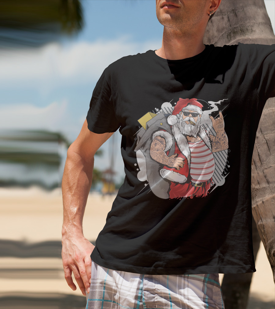 Santa Claus Merry Christmas Tattoo Rock Hand Illustrated T-Shirt