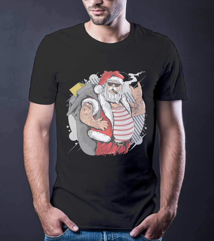 Santa Claus Merry Christmas Tattoo Rock Hand Illustrated T-Shirt