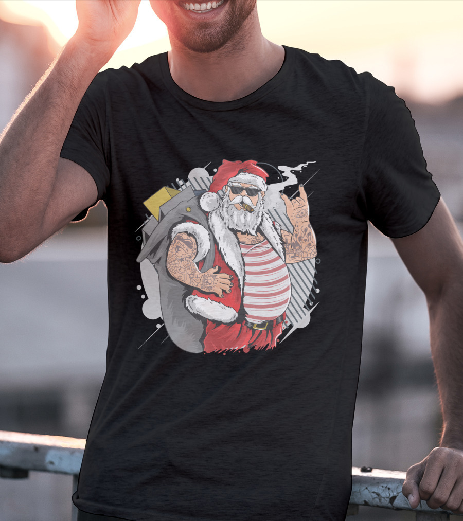 Santa Claus Merry Christmas Tattoo Rock Hand Illustrated T-Shirt