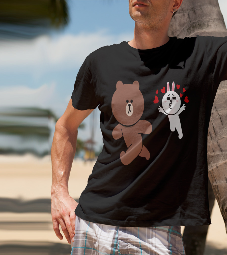 Cute Brown Bear Cony Bunny Rabbit Love Hearts Chase Valentine's Day Run T-Shirt