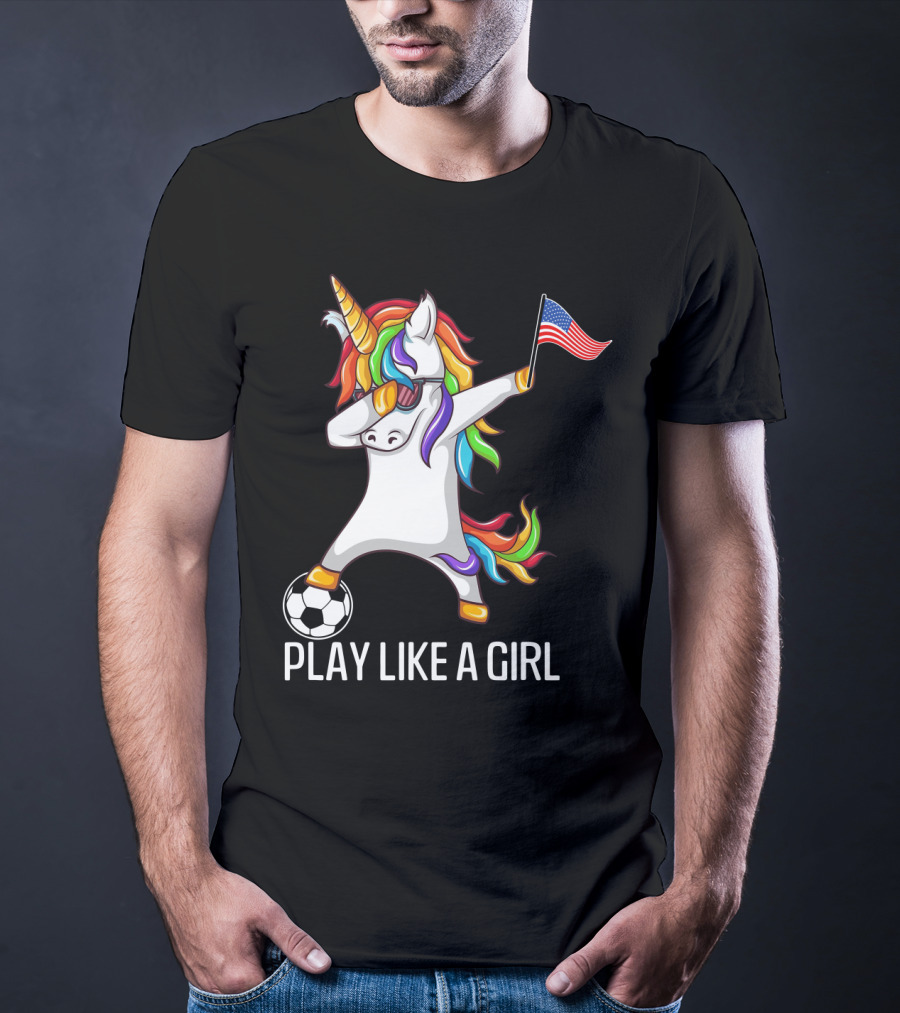 Dabbing Unicorn Play Like A Girl USA Soccer T-Shirt