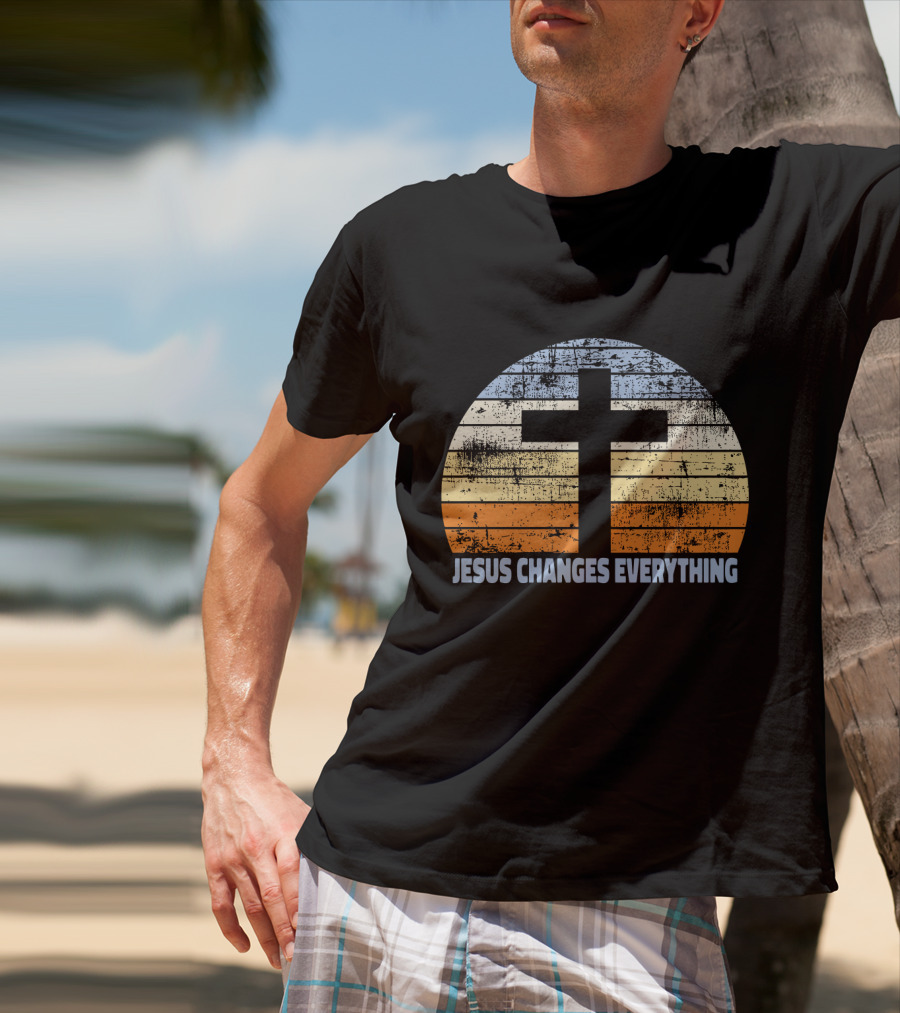 Faith Cross Jesus Changes Everything Vintage Christian Retro Sunset T-Shirt