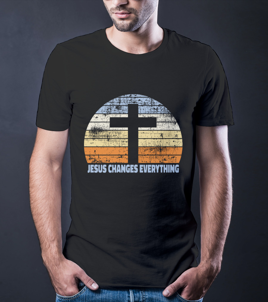 Faith Cross Jesus Changes Everything Vintage Christian Retro Sunset T-Shirt