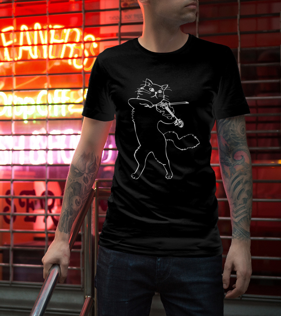 Fiddle Violin Cat Playing Musician Instrument Band Strings T-Shirt