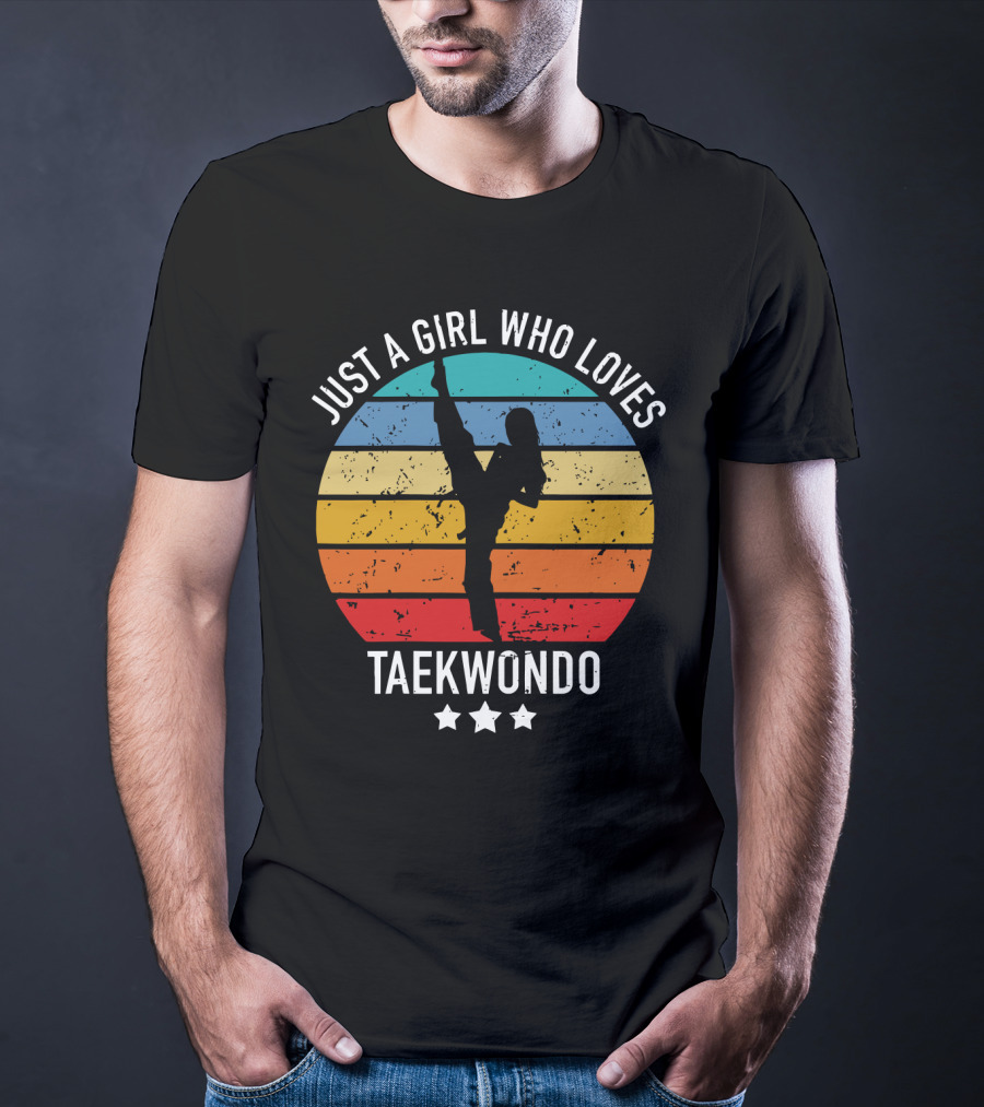 Just A Girl Who Loves Taekwondo Vintage Silhouette Rainbow Stripes T-Shirt
