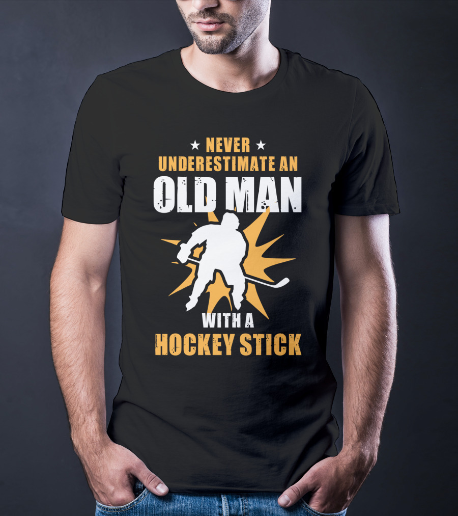 Never Underestimate An Old Man With A Hockey Stick Silhouette Starburst T-Shirt