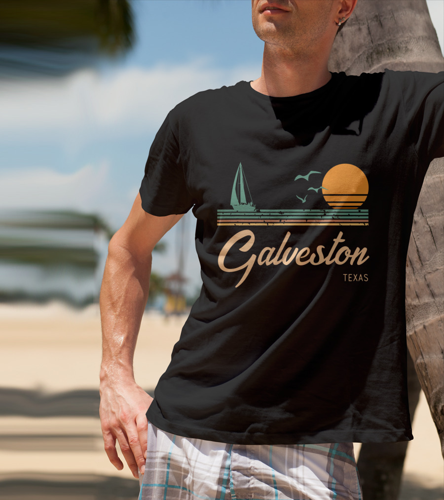 Vintage Galveston Texas Sailboat And Sunset Scene T-Shirt