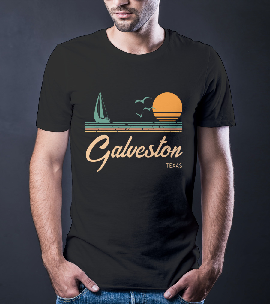 Vintage Galveston Texas Sailboat And Sunset Scene T-Shirt