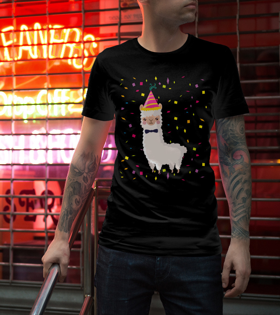 Funny Alpaca Birthday Party Celebration With Confetti T-Shirt