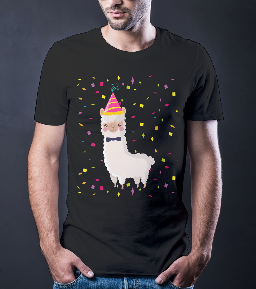 Funny Alpaca Birthday Party Celebration With Confetti T-Shirt