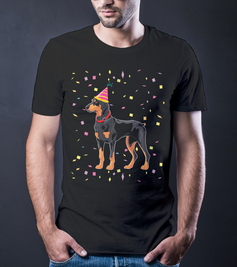 Doberman With Party Hat And Confetti T-Shirt