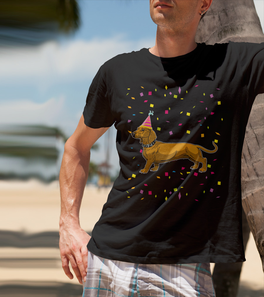 Funny Dachshund Birthday Party With Confetti And Party Hat T-Shirt