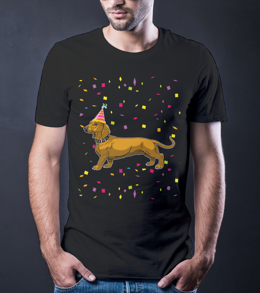Funny Dachshund Birthday Party With Confetti And Party Hat T-Shirt