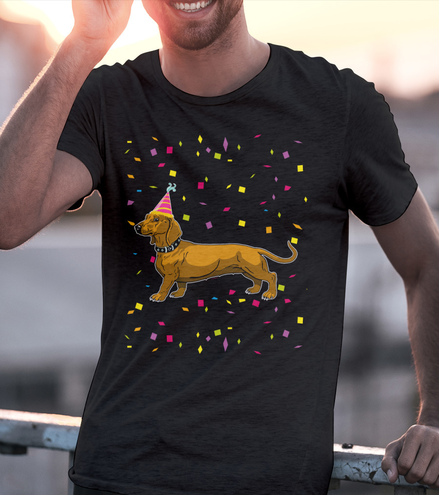 Funny Dachshund Birthday Party With Confetti And Party Hat T-Shirt