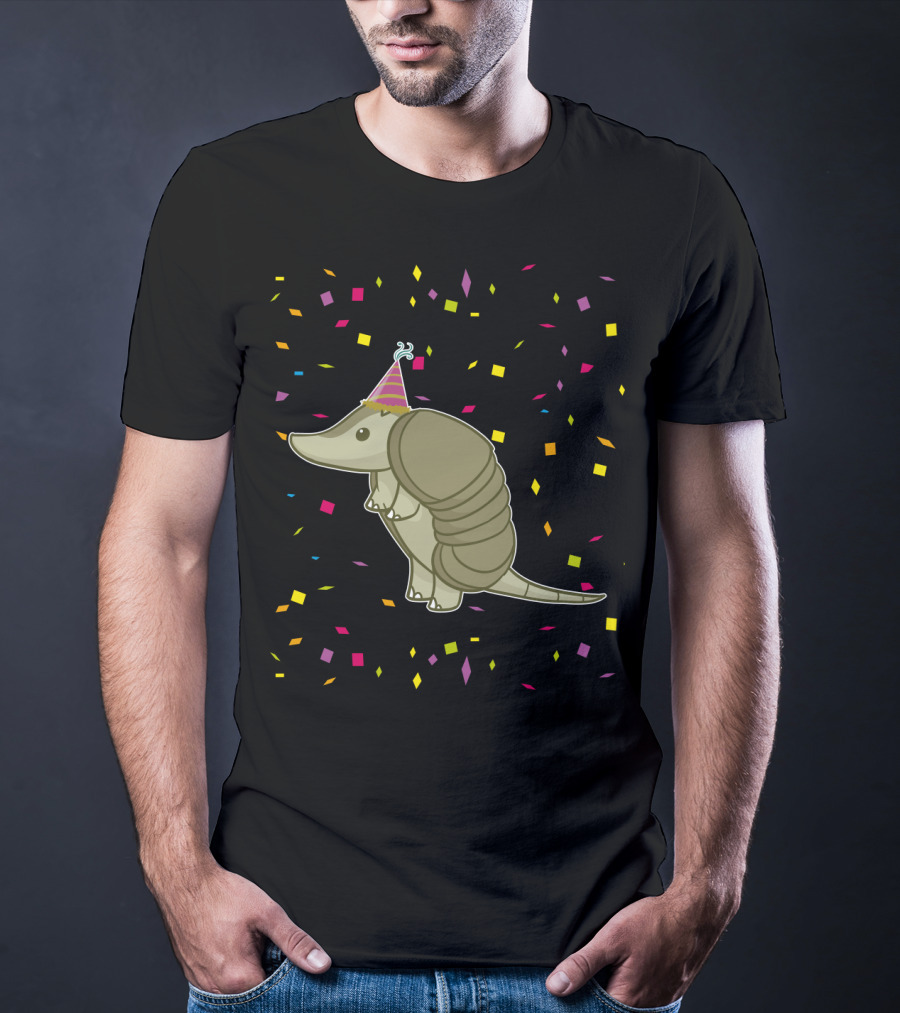 Funny Armadillo Birthday Celebration With Party Hat And Confetti T-Shirt