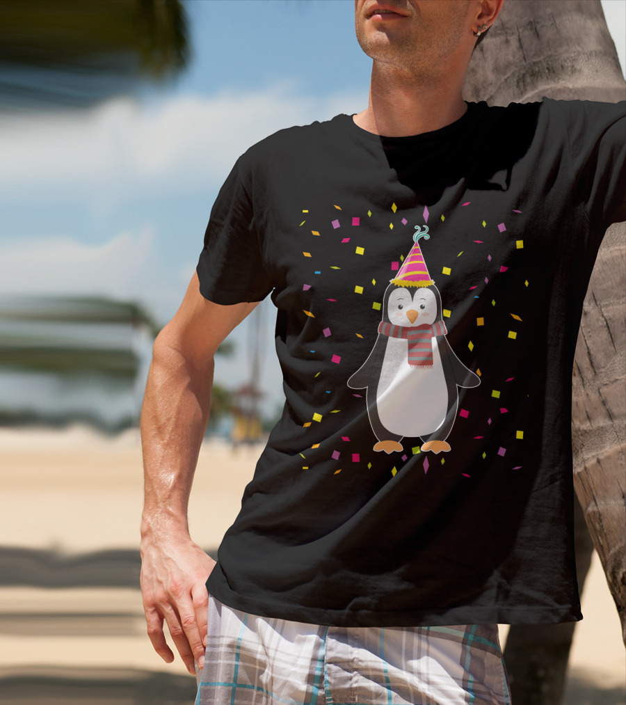 Funny Penguin Birthday Confetti Celebration With Party Hat And Scarf T-Shirt