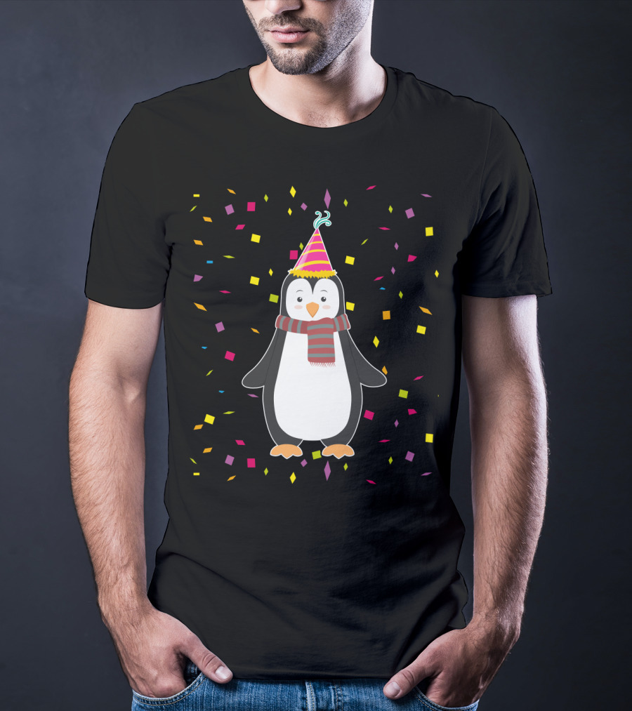 Funny Penguin Birthday Confetti Celebration With Party Hat And Scarf T-Shirt