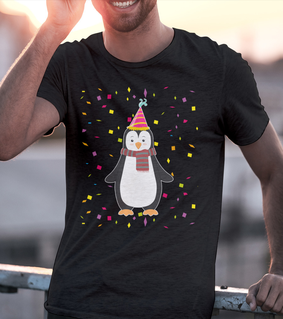 Funny Penguin Birthday Confetti Celebration With Party Hat And Scarf T-Shirt