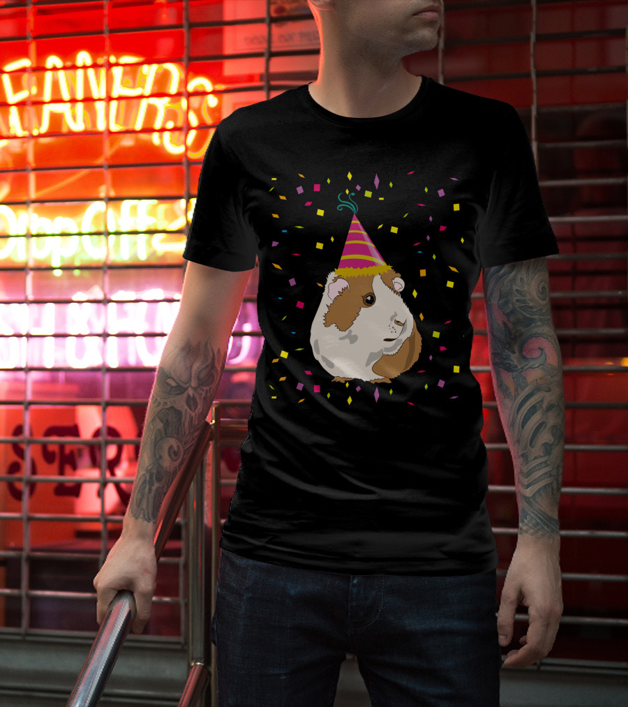 Funny Guinea Pig Birthday Celebration With Party Hat And Confetti T-Shirt