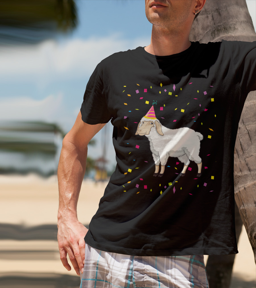 Funny Birthday Sheep With Party Hat And Confetti T-Shirt