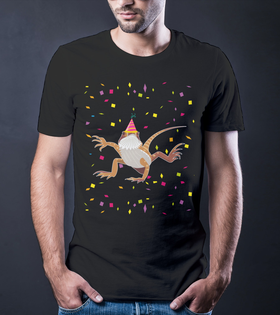 Colorful Confetti Party Hat Bearded Dragon Birthday T-Shirt
