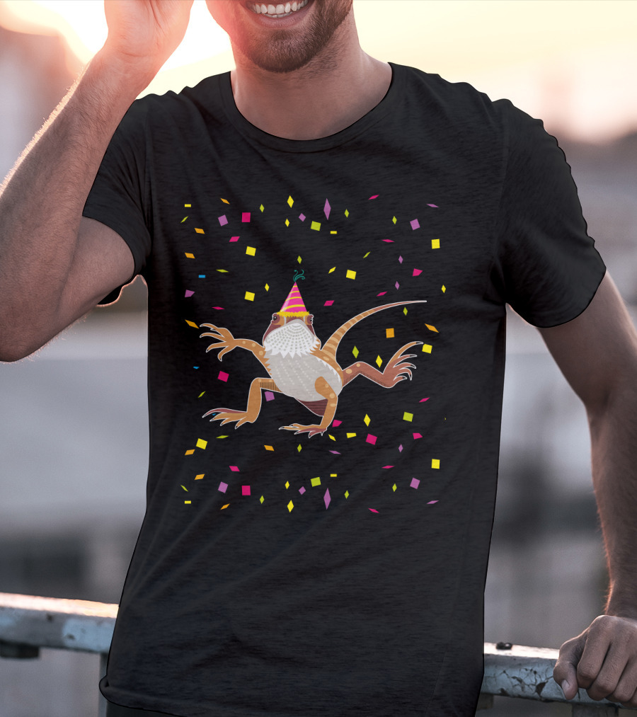 Colorful Confetti Party Hat Bearded Dragon Birthday T-Shirt