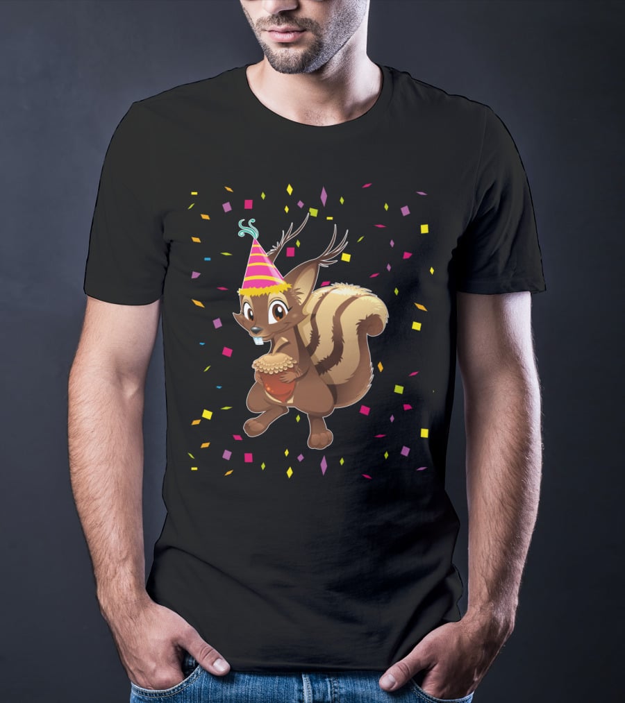 Funny Squirrel Party Hat Holding Acorn Birthday Confetti T-Shirt