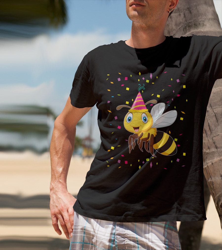 Funny Bee Birthday With Confetti And Party Hat T-Shirt