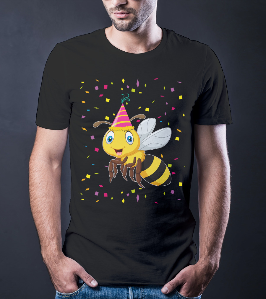 Funny Bee Birthday With Confetti And Party Hat T-Shirt