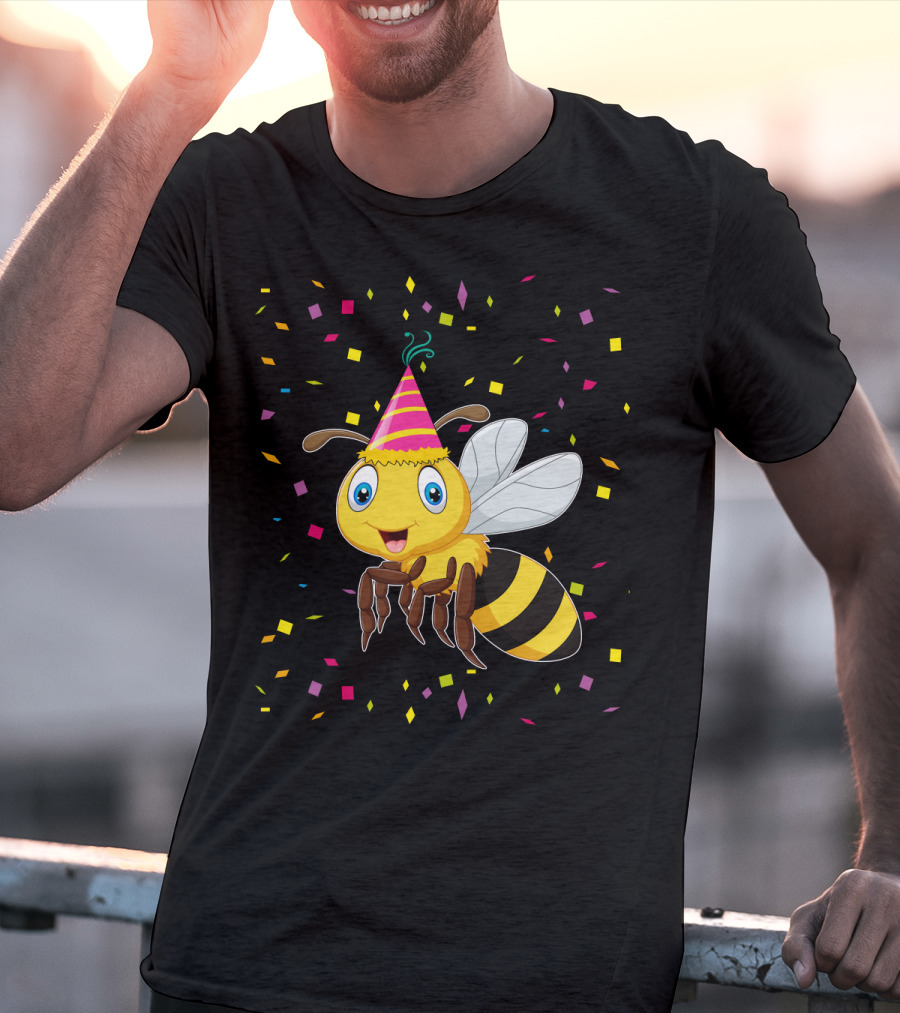 Funny Bee Birthday With Confetti And Party Hat T-Shirt