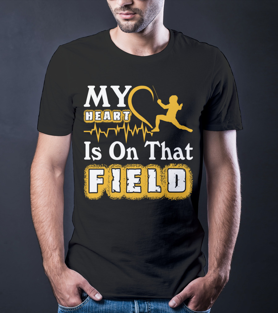 My Heart Is On That Field Fencing Silhouette With Heartbeat Line T-Shirt