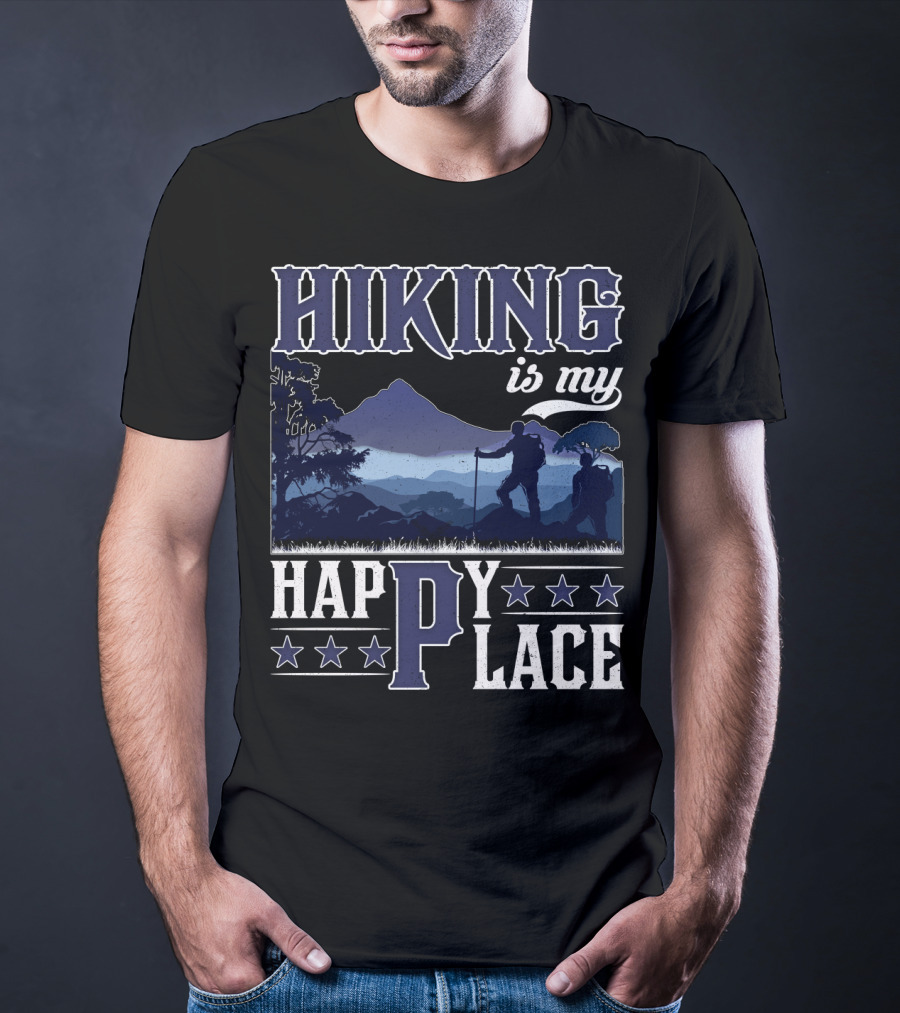 Hiking Is My Happy Place Mountain Silhouette Adventure T-Shirt