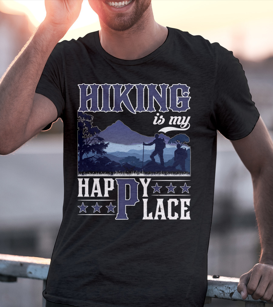 Hiking Is My Happy Place Mountain Silhouette Adventure T-Shirt