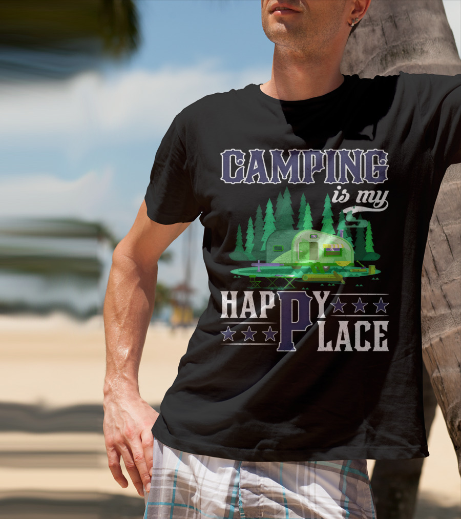 Camping Is My Happy Place Camper Forest Scene With Stars T-Shirt