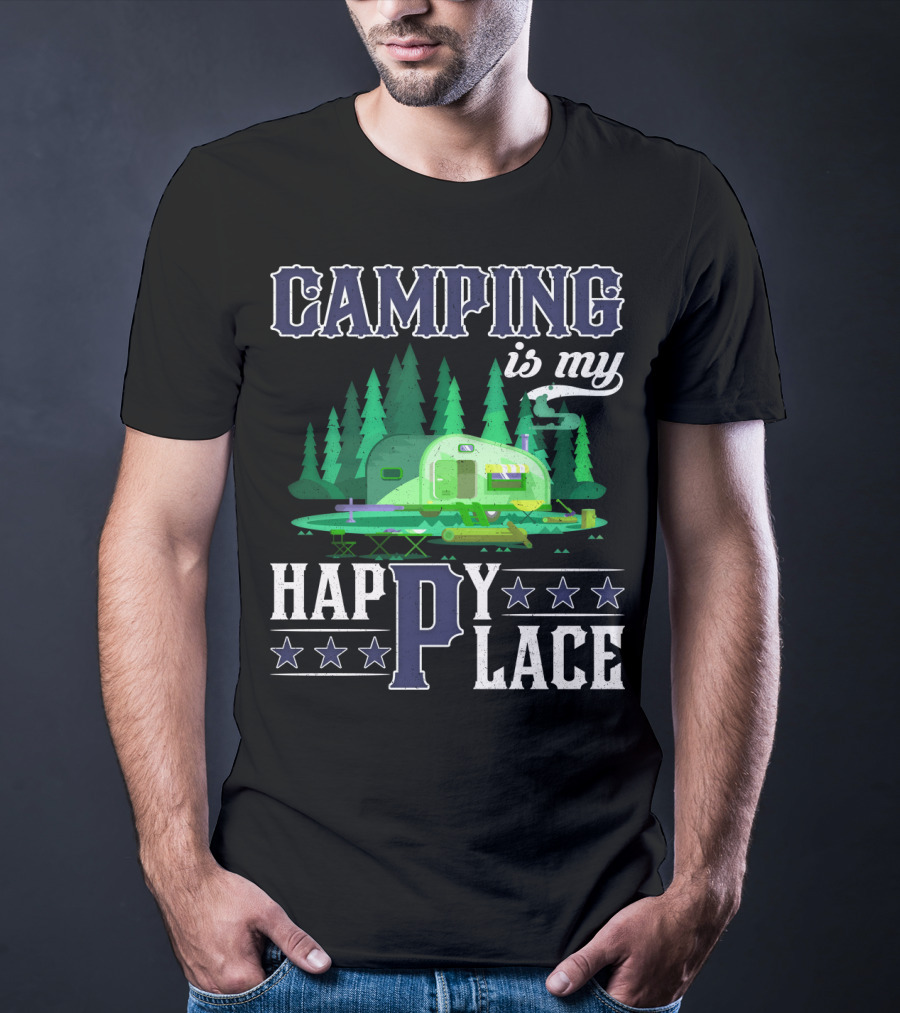 Camping Is My Happy Place Camper Forest Scene With Stars T-Shirt