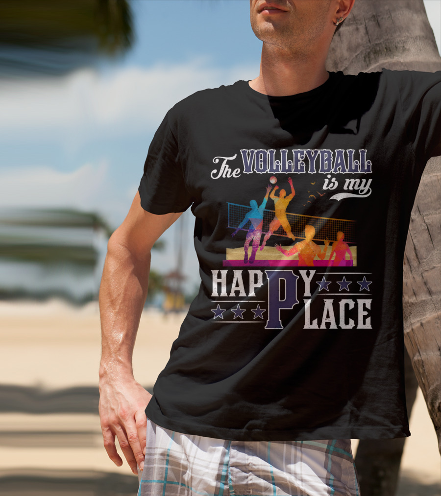The Volleyball Is My Happy Place Colorful Players Action Scene T-Shirt