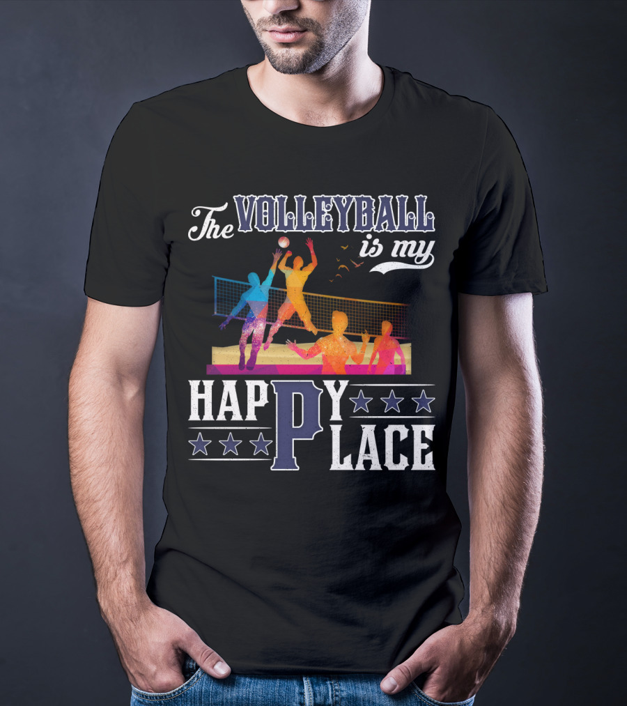 The Volleyball Is My Happy Place Colorful Players Action Scene T-Shirt