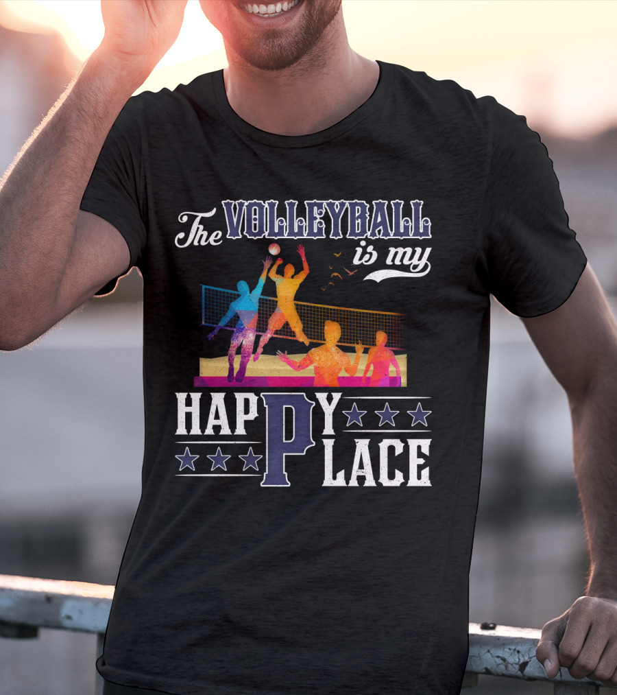 The Volleyball Is My Happy Place Colorful Players Action Scene T-Shirt