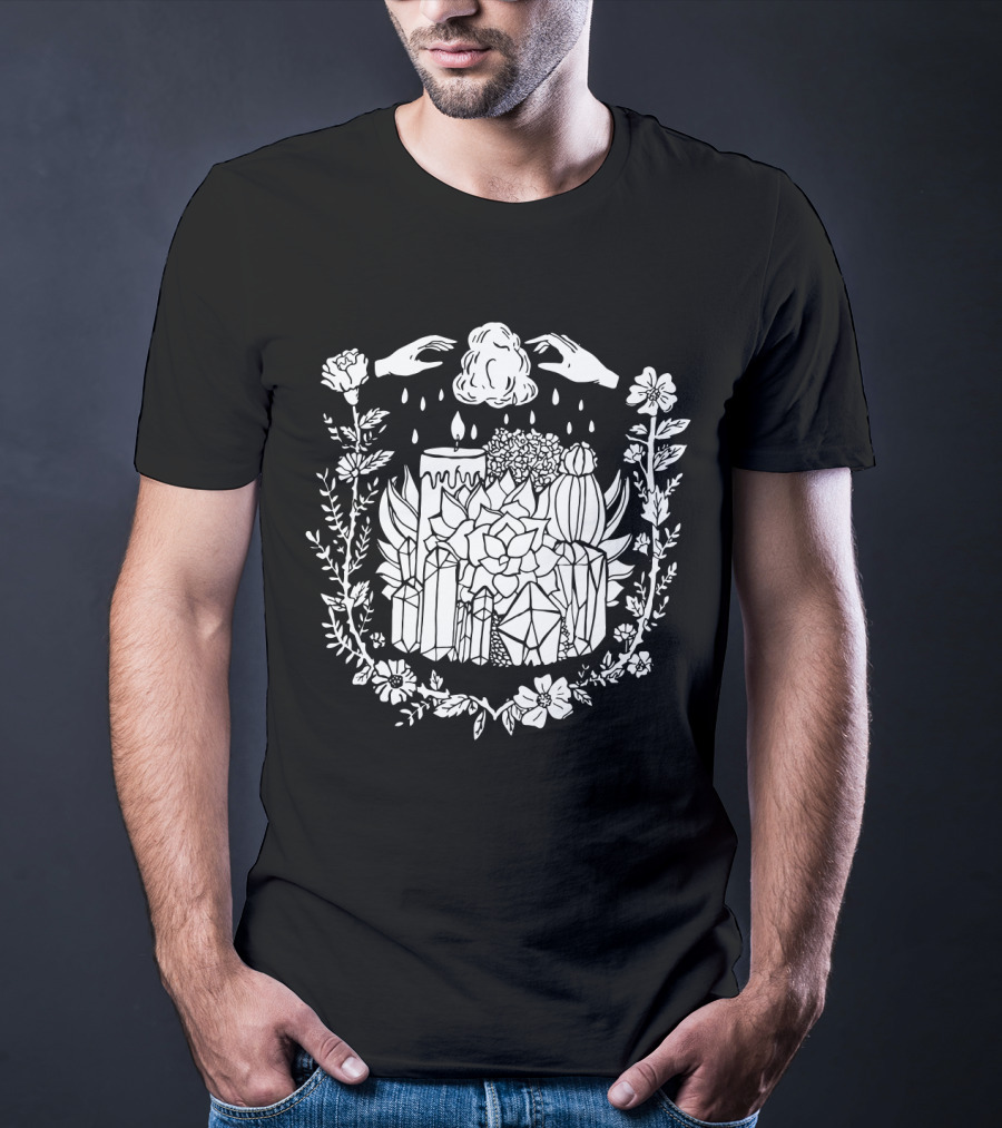 Crystals Succulents Candle Hand Magic Floral Border T-Shirt