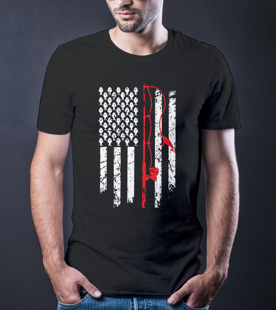 Vintage Fishing Rod American Flag T-Shirt